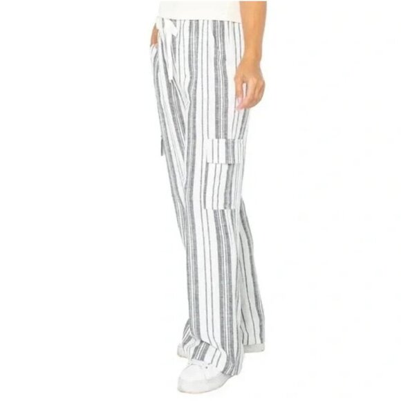 NEW Roxy Women's XS Linen Cargo Pants Black & White Striped 30" Inseam - Picture 2 of 10